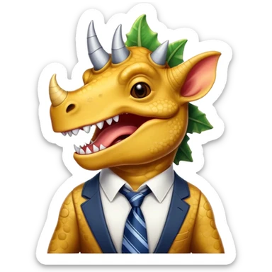 laughing face of a triceratops with a tie sticker
