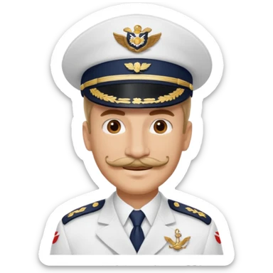 A light-skinned man with brown eyes and a mustache, smiling while wearing a white captain’s hat with a navy emblem. sticker