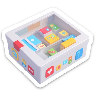 modern 3D gadget box reminiscent of Etch A Sketch, transparent window showing stickers being printed inside, few stickers coming out, bright, techy, fun sticker