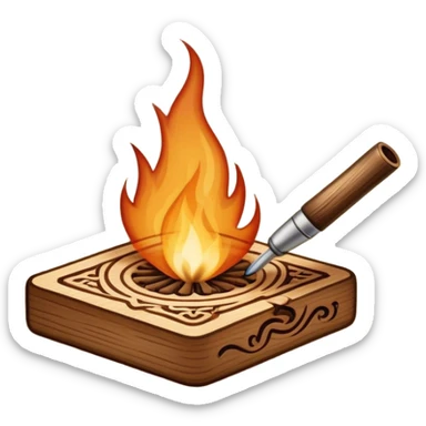 Pyrography icon, wooden surface with intricate burn marks, detailed patterns being burned into wood with a pyrography tool, smoke rising, minimalistic style, clean lines, transparent background. sticker
