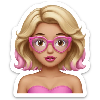 girl with light tan skin, wavy 2B hair in brown and blonde, wearing a pink tube top, long eyelashes, heart-shaped lips, clear pink glasses sticker