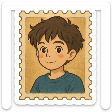 boy with slightly wavy hair designed as a letter stamp sticker
