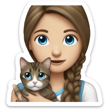 long haired brunette blue eyed girl holding a tabby cat sticker