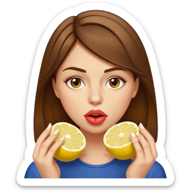 brownhaired woman eating lemon sticker