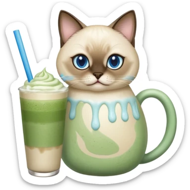 Siamese Cat holding in its paws an iced matcha latte sticker