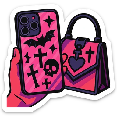 pink and black gothic phone case, bold colors, dynamic shading, energetic, gothic motifs, matches gothic purse sticker
