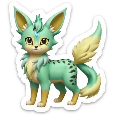 Epic complex detailed pastel minty green, pastel beige yellow pastel realistic aesthetic-scenic-Fakémon-Zorua-Litten-Leafeon-Trico-Sergal-Serval-Vernid-creature (full body) with far wings, shiny sparkly fairycore theme  sticker