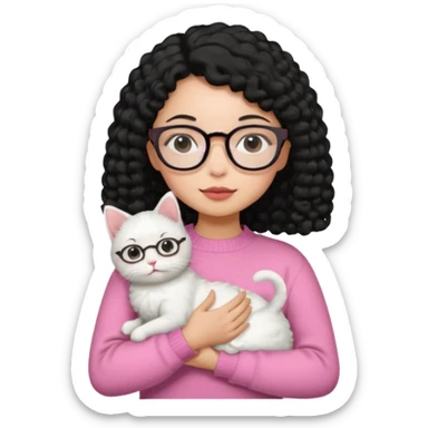 a girl with a black perm hair, wearing a pink sweater and glasses, holding a cute white cat, only upper body sticker