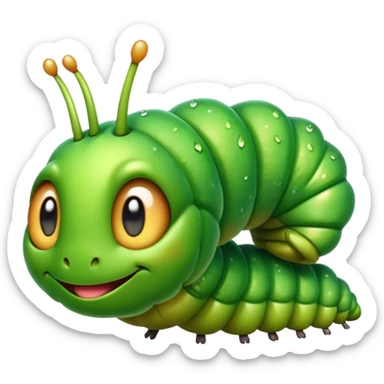 Cinematic Realistic Cute Caterpillar Portrait Emoji, Head tilted playfully and inquisitively, featuring a compact, segmented body in bright, vibrant green with delicate, inviting textures and a charming, rounded face with sparkling eyes full of curiosity, rendered with lifelike detail and natural highlights, high shine, affectionate and spirited, styled with a touch of garden whimsy, soft glowing outline, capturing the essence of a mischievous yet lovable caterpillar that seems poised to crawl cheerfully into your arms! sticker