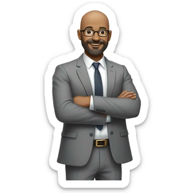 A middle-aged man with glasses, beard, and bald head, wearing a gray suit jacket and white shirt, standing confidently with hands clasped, smiling against a plain, neutral background sticker