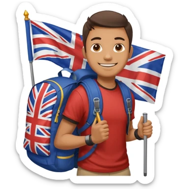 A guy with a hiking backpack and a Union Jack on his T-shirt holds the Union Jack. sticker