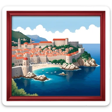 Cinematic Realistic aerial view of the historic city of Dubrovnik, showcasing its iconic red-roofed architecture, fortified walls, and sparkling Adriatic coastline, rendered with rich textures and warm Mediterranean lighting that captures its old-world charm. sticker