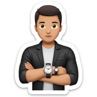man wearing a black strap watch portrait, head and shoulders only, black leather strap wristwatch visible, casual outfit, confident expression, modern style, 3D cartoon, mobile game icon style, clean background, no text, no watermark
 sticker