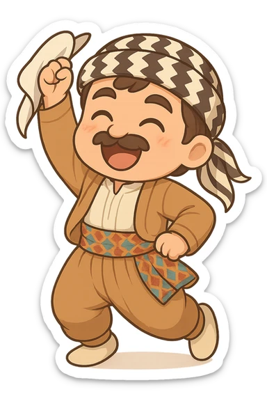 Create a chibi Kurdish cartoon sticker based on the reference image, showing a happy (smiling/laughing) expression, with a transparent background. sticker