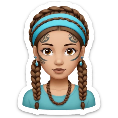 big lose braids starting from the top of the head woman face wiith big visible braids and mono color headband on head  face and braids as big as headband and lots and lots of face tattoos colored tattoos like a tattoo artist hair different color sticker