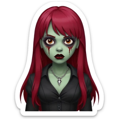 vampira gótica parda zumbi de cabelo longo e vermelho escuro e franja e roupa com decote e batom preto sticker