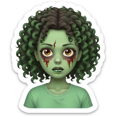 zombie girl with curly hair n brown eyes, dark and long hair 3a with wavy scalp, just a tshirt sticker