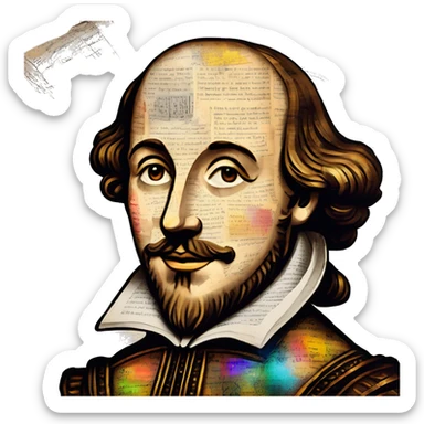 Shakespeare made of newspaper cuttings wearing flowers, stained glass, fairy lights, bokeh, annotated sketch, handwritten letters, collage of intricate patterns, lantern, bokeh, blur sticker