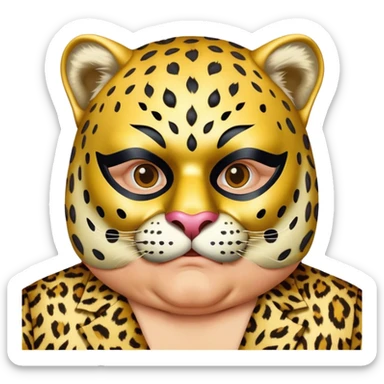 a fat old man, with a leopard suit,  wear half-face golden Leopard masquerade mask sticker