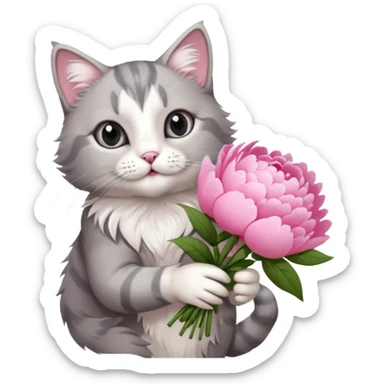 Cute cat Handing pink peonies like reaching a hand and handing them out a bouquet of them not a physical hand the cats hand  make the cat fluffy and grey and white fluffier make the cat wear a pink coquette sticker