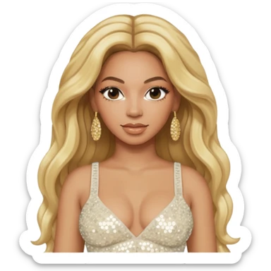 Beyonce with long blonde hair, ivory sequin crop top, ivory earring sticker