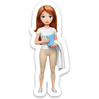 A Barbie girl with blue eyes, shoulder-length reddish-brown hair, made-up, wearing a white T-shirt and beige leggings, holding a towel in her hands sticker