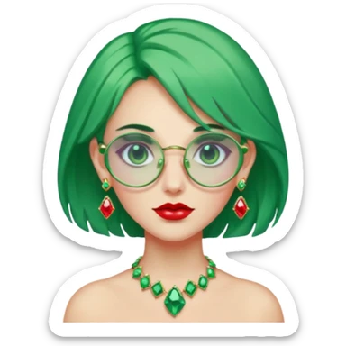 gem lover woman with gem accessories excessive amount gem glassess very big gem earrings green hair and red diamonds sticker