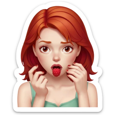 redhead girl with a displeased face eating raspberries sticker