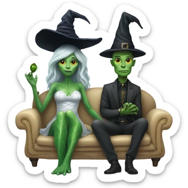 alien reptilian woman as witch, human man in white dress, sitting on a couch  sticker