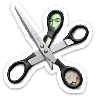 a pair of scissors cutting a Taiwanese banknote sticker