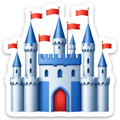 The flag has a yellow background with four horizontal red stripes running across it. In the upper left corner, there is a blue rectangle containing a white, stylized castle with three towers, the middle tower being taller than the others. sticker