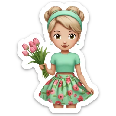 A girl with a messy bun, a mint green headband, and a floral print skirt, holding a bunch of tulips. sticker