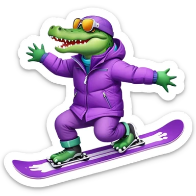 Crocodile snowboarding with purple jacket sticker