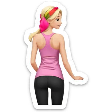 Render from knees up, view from the back, fair skinned woman, thin, long blond hair, cooking dinner in kitchen, pink loose tank top, showing natural B cup breast shape SFW, black yoga pants, perfect booty, looking back sticker