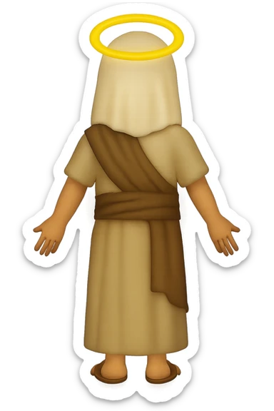 Create a back view, centered full body image of Apostle Peter in classic emoji style. He is facing away, smiling, with an expressive face and a halo, wearing the same clothing as the reference image: a robe with a brown sash and head covering, with long sleeves. No background. The style should mimic classic emoji style. sticker