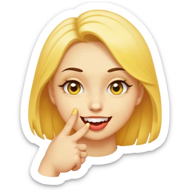 A yellow, round face with a flirty expression: eyes slightly squinting, a cheeky smile, and biting its index finger in a playful, seductive way. sticker