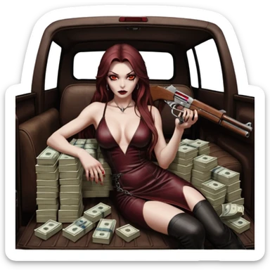 Lilith red eye seductress evil long brown haired sexy succubus woman with leather long dress with slit on, sitting in Big Large F350 pickup truck. Back seat full of stacks of cash, she is  Holding a human skull of her enemies and a gun in other hand sticker
