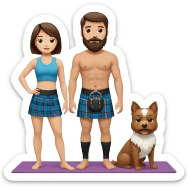 emoji of brunette man with beard wearing kilt, brunette woman in yoga outfit and one white fluffy dog sticker