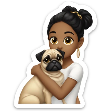A young girl with long lashes  morena with black hair and small gold hoops  kissing her small pug  sticker