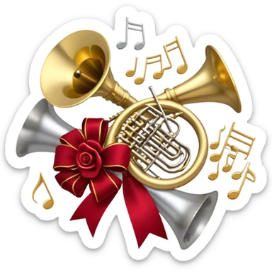 Create a festive and elegant emoji collage featuring a bouquet or fan of brass instrument bells (trumpets, saxophones, trombones, etc.) arranged in a radiant, symmetrical pattern. The instruments should have polished, golden and silver finishes, with their large, shiny bells forming a beautiful, fan-like display. Include a flowing ribbon of musical notes swirling through the center, conveying movement and melody. The background should feature a deep red velvet texture, adding a touch of luxury and sophistication. The overall composition should be balanced, with an elegant and regal feel, with a transparent background to keep focus on the instruments and musical elements. sticker