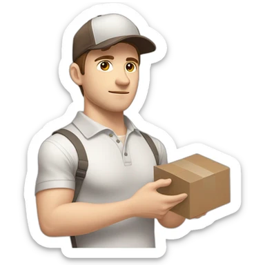 Pale skinned fit Man with dark brown hair in a light gray cap, dark brown jeans, brown polo and white T-shirt keeping a pasted with tape white box into his hands sticker