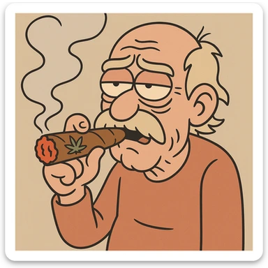 an old man smoking a weed cigar, flat toon cartoon style sticker