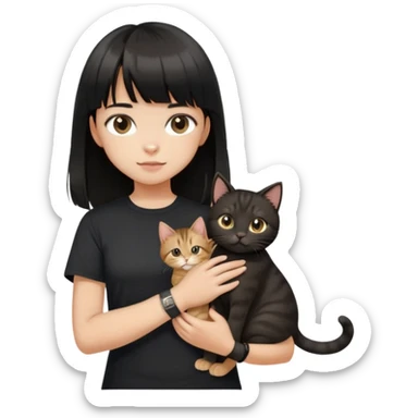 A girl with black long hair and bangs, wearing a black short-sleeved shirt, a brown bracelet on her right wrist, white skin, holding a tabby cat, the cat is standing upright sticker