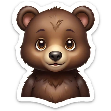 Cinematic Cute bear cub Portrait Emoji, Head tilted playfully and inquisitively, featuring a glossy dark brown fur with a natural sheen and round, sparkling eyes filled with gentle curiosity, Simplified yet irresistibly adorable features, highly detailed, glowing with a warm, friendly glow, high shine, affectionate and mighty, stylized with a touch of woodland whimsy, bright and endearing, soft glowing outline, capturing the essence of a mischievous yet loving bear cub, so playful it feels like it could amble out of the screen and into your arms! sticker
