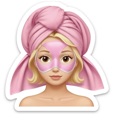 Blonde  white lady with a towel on her hair wearing Light pink skincare mask on her face sticker