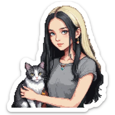 Beautiful girl with long black hair petting a gray and blonde mixed cat sticker