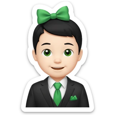 baby boy black hair white skin in suit, with green bow sticker