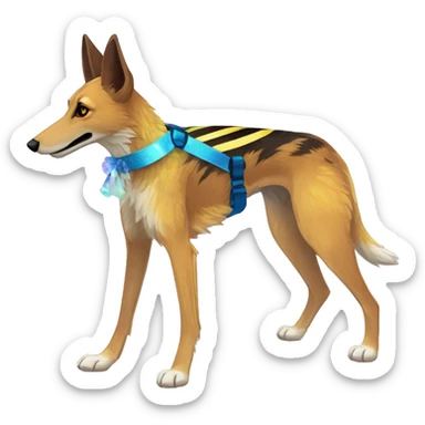  brindle brown black maroon striped lurcher Alsatian fox running blue eyes and iridescent holographic oilslick harness wearing paper iridescent tropical flower crown yellow caution tape sticker