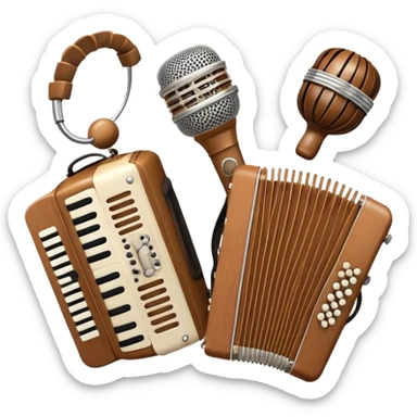 Create a warm and inviting humanless emoji representing folk singing. The design should feature a traditional microphone, perhaps with a wooden texture, symbolizing the rustic and authentic feel of folk music. Surround the microphone with subtle elements such as a hand-played tambourine, an accordion, or a balalaika to reflect the folk instruments. Add flowing musical notes to symbolize the vocal melodies. Use earthy, natural colors like browns, reds, and greens to evoke a sense of tradition, warmth, and connection to the community. The background should be transparent. sticker