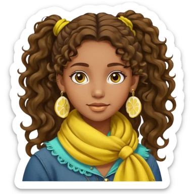bohemian girl with brown skin, long curly brown hair in a ponytail, lemon yellow scarf, round earrings sticker